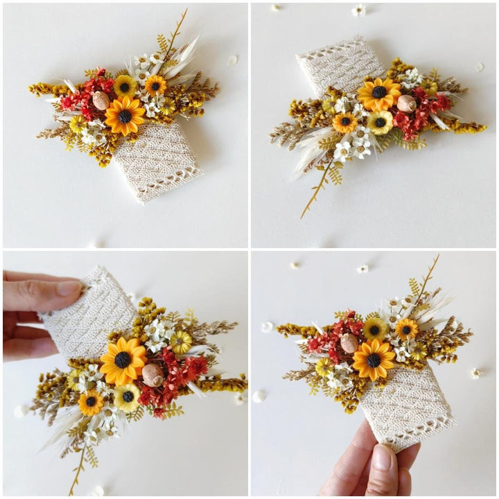 Sunflower Wedding Boutonniere: Anemone & Purple Flowers, Groom Corsage – handmade floral hair accessory by magaela