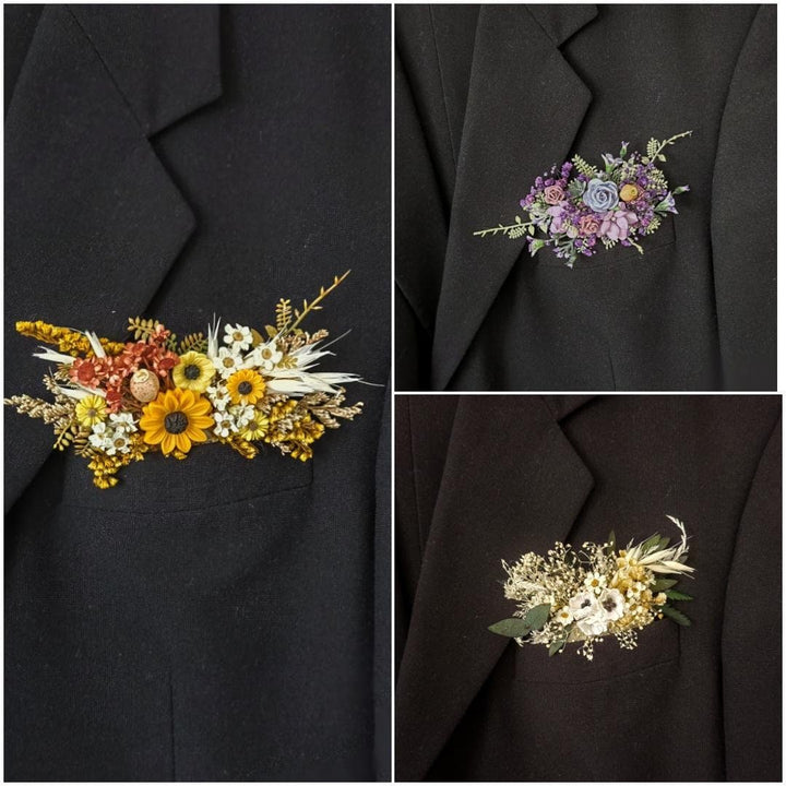 Sunflower Wedding Boutonniere: Anemone & Purple Flowers, Groom Corsage – handmade floral hair accessory by magaela