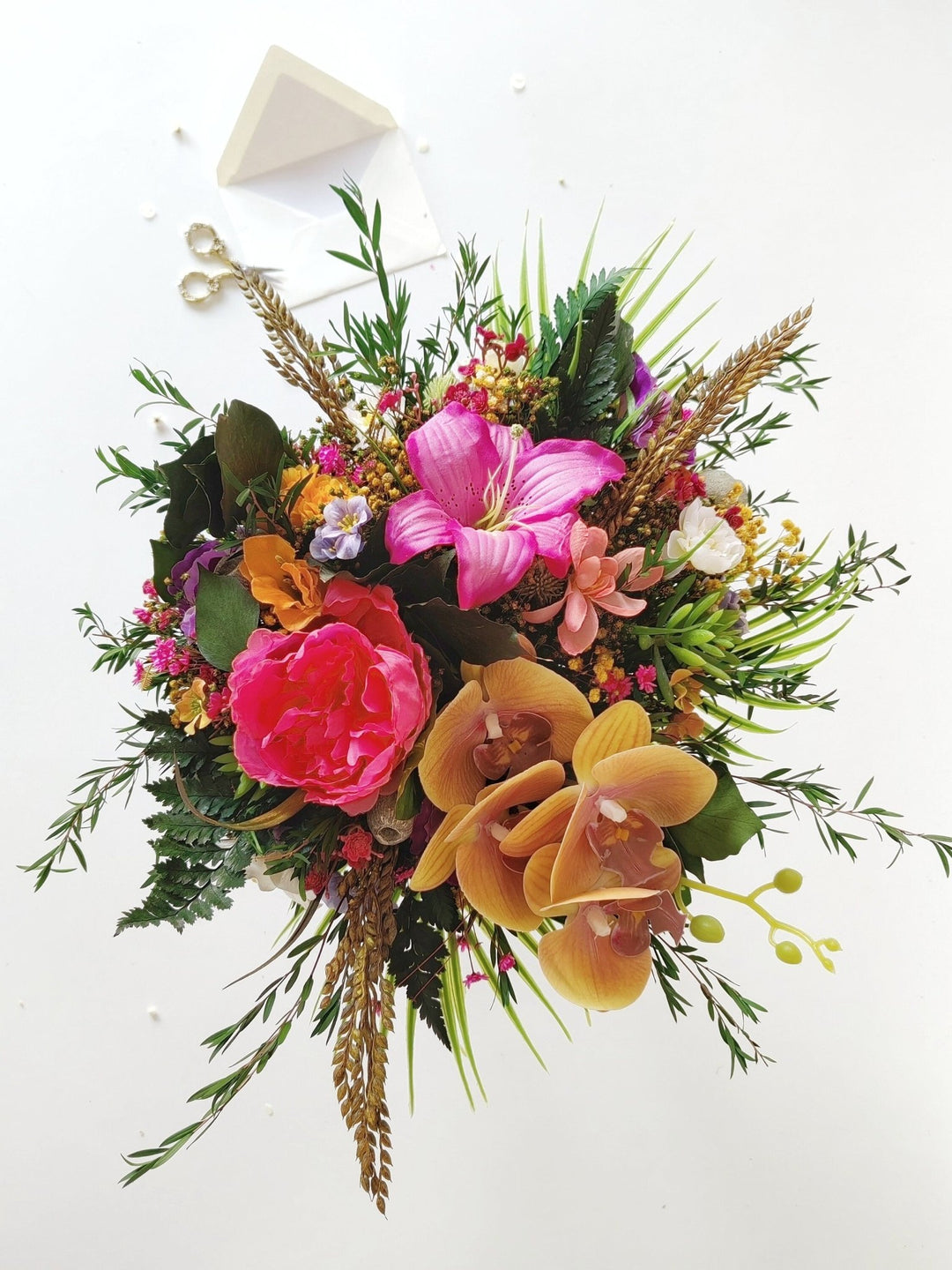 Large Tropical Wedding Bouquet: Orchid & Summer Bridal Flowers – handmade floral hair accessory by magaela