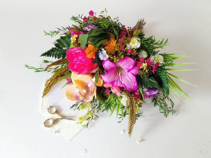 Large Tropical Wedding Bouquet: Orchid & Summer Bridal Flowers – handmade floral hair accessory by magaela