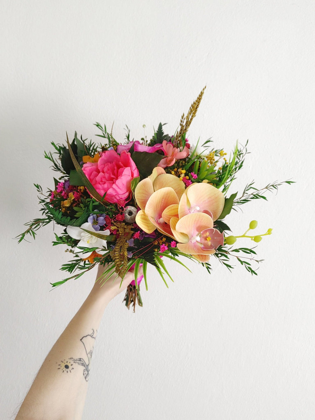 Large Tropical Wedding Bouquet: Orchid & Summer Bridal Flowers – handmade floral hair accessory by magaela