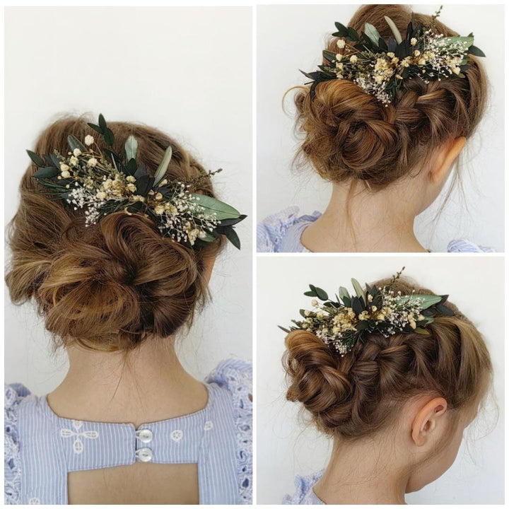 Greenery Wedding Hair Comb: Baby's Breath, Rosemary & Olive Leaves – handmade floral hair accessory by magaela