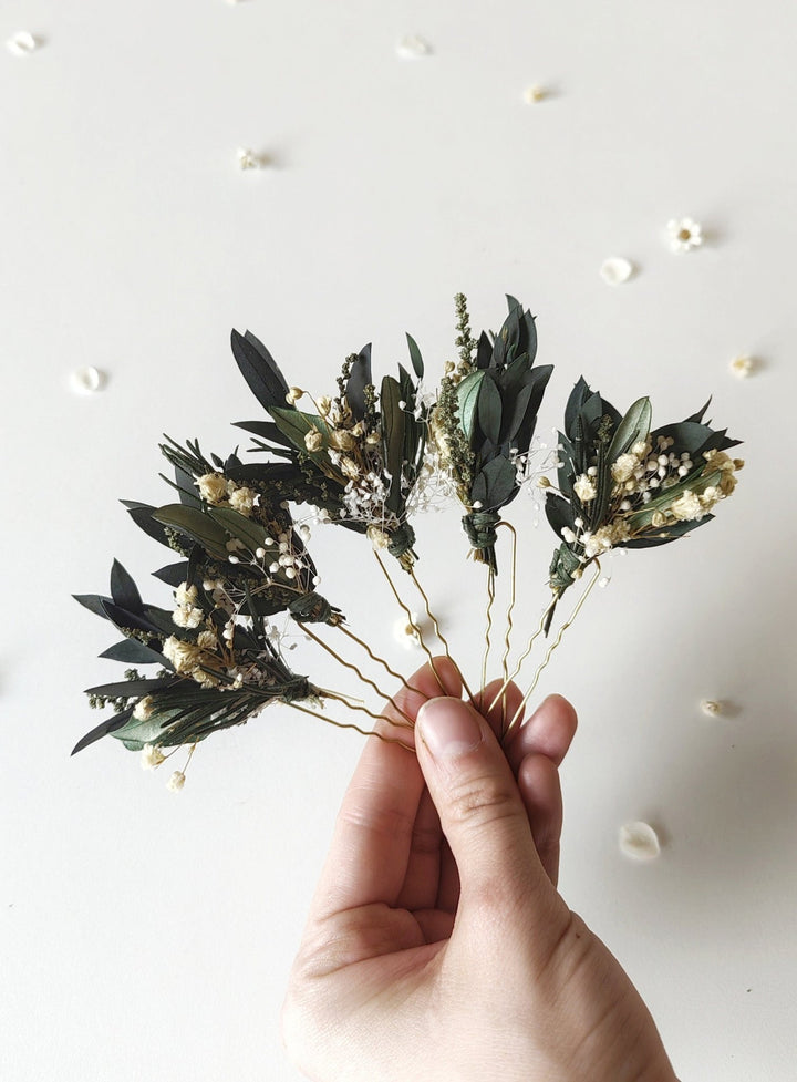 Greenery Bridal Hair Pins: Eucalyptus, Baby's Breath, Rosemary – handmade floral hair accessory by magaela