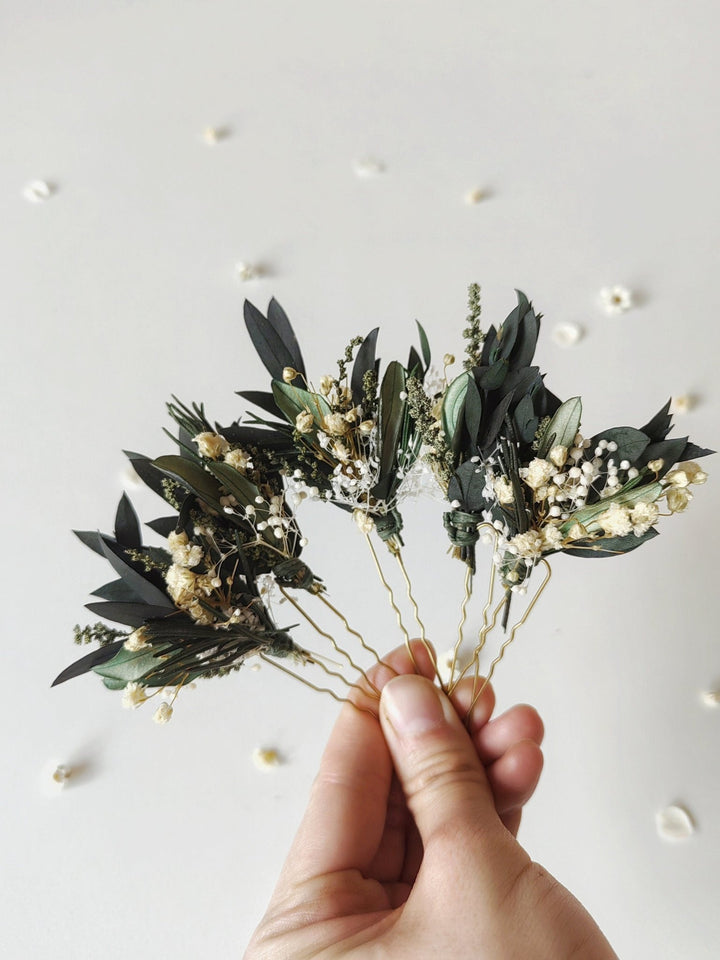 Greenery Bridal Hair Pins: Eucalyptus, Baby's Breath, Rosemary – handmade floral hair accessory by magaela
