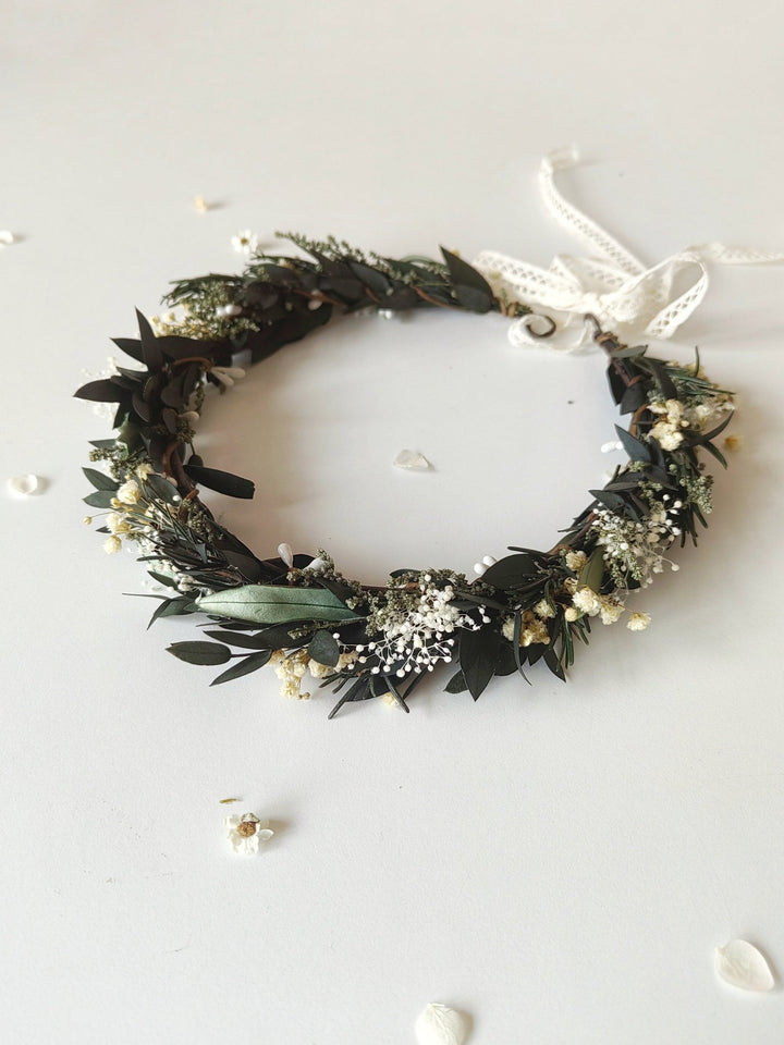 Greenery Wedding Hair Crown: Eucalyptus & Baby's Breath Flower Wreath – handmade floral hair accessory by magaela