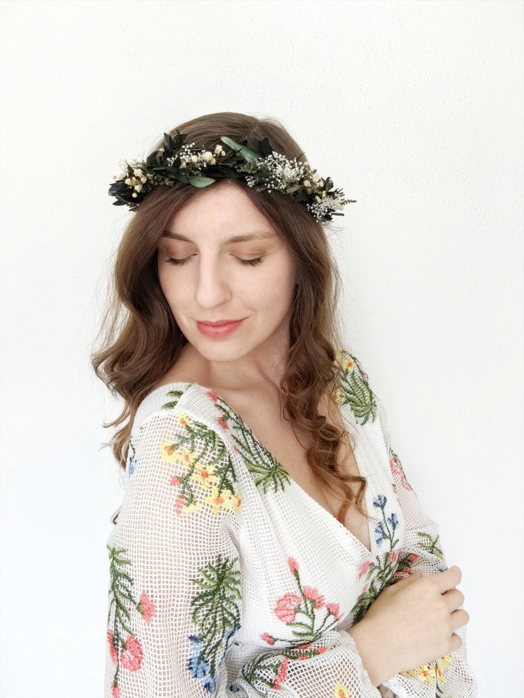 Greenery Wedding Hair Crown: Eucalyptus & Baby's Breath Flower Wreath – handmade floral hair accessory by magaela