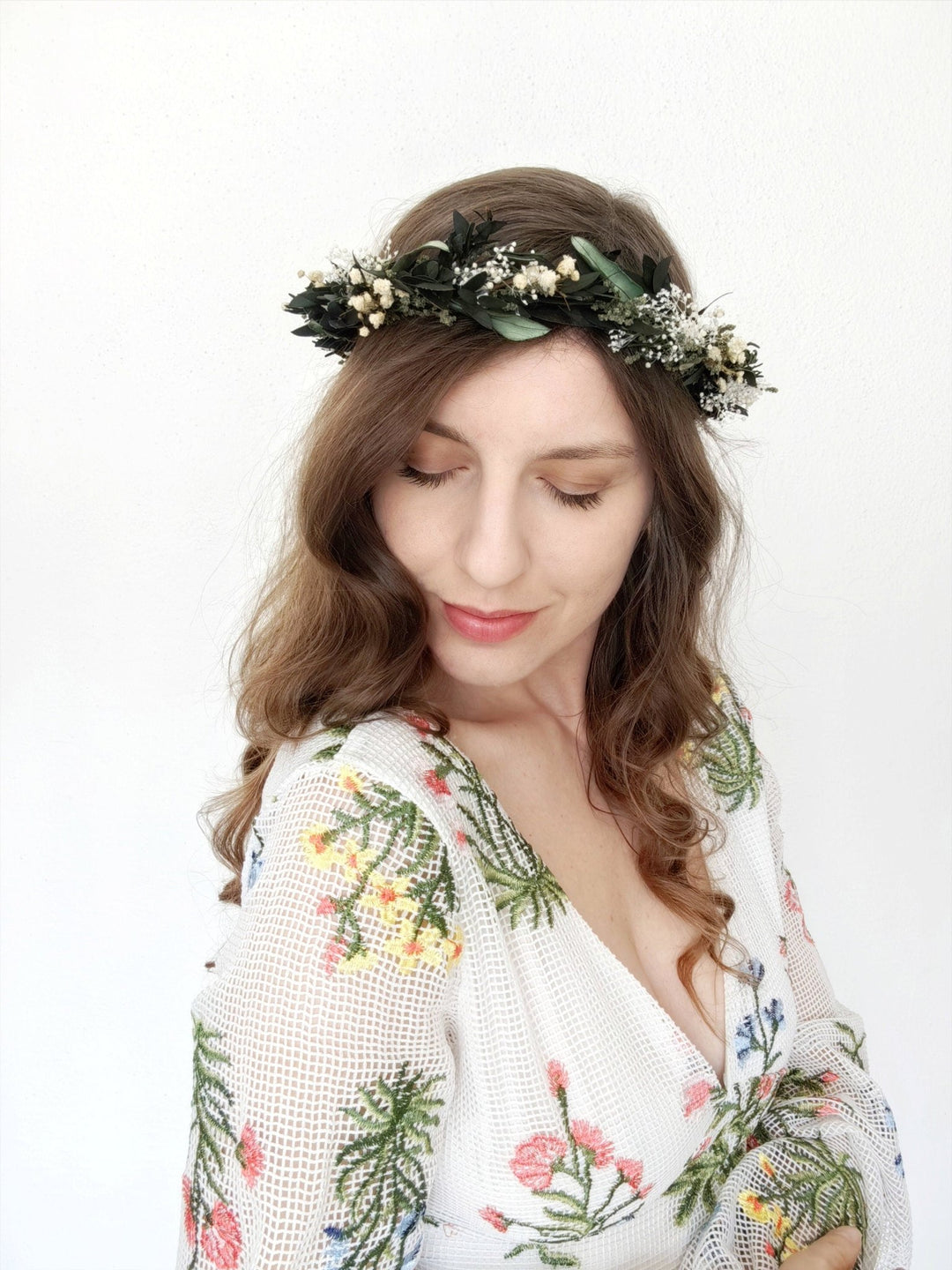 Greenery Wedding Hair Crown: Eucalyptus & Baby's Breath Flower Wreath – handmade floral hair accessory by magaela