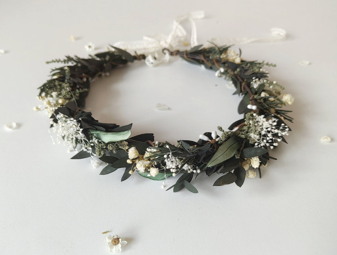 Greenery Wedding Hair Crown: Eucalyptus & Baby's Breath Flower Wreath – handmade floral hair accessory by magaela