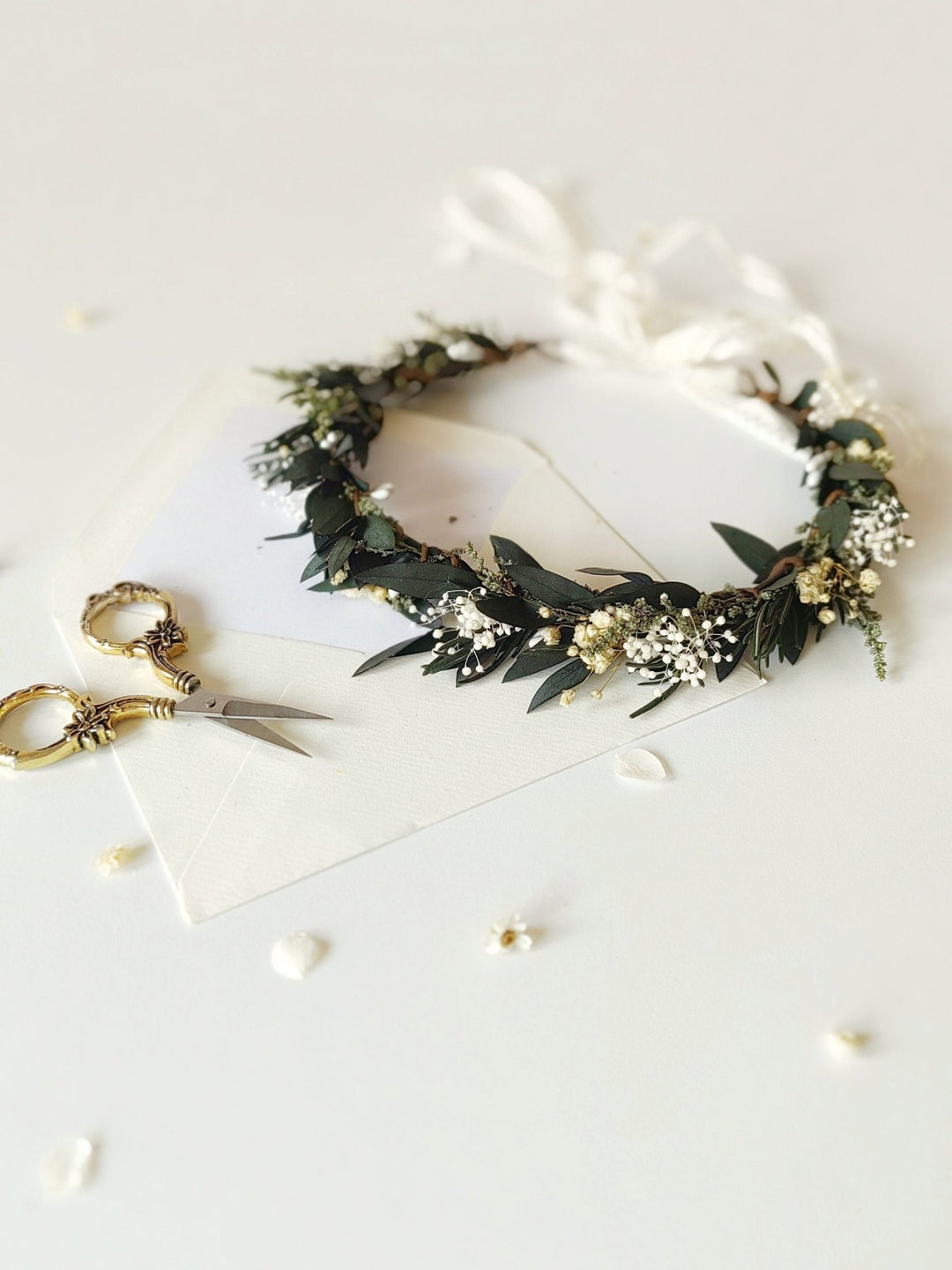 Natural Greenery Wedding Crown: Baby's Breath, Olive Leaf, Rosemary – handmade floral hair accessory by magaela