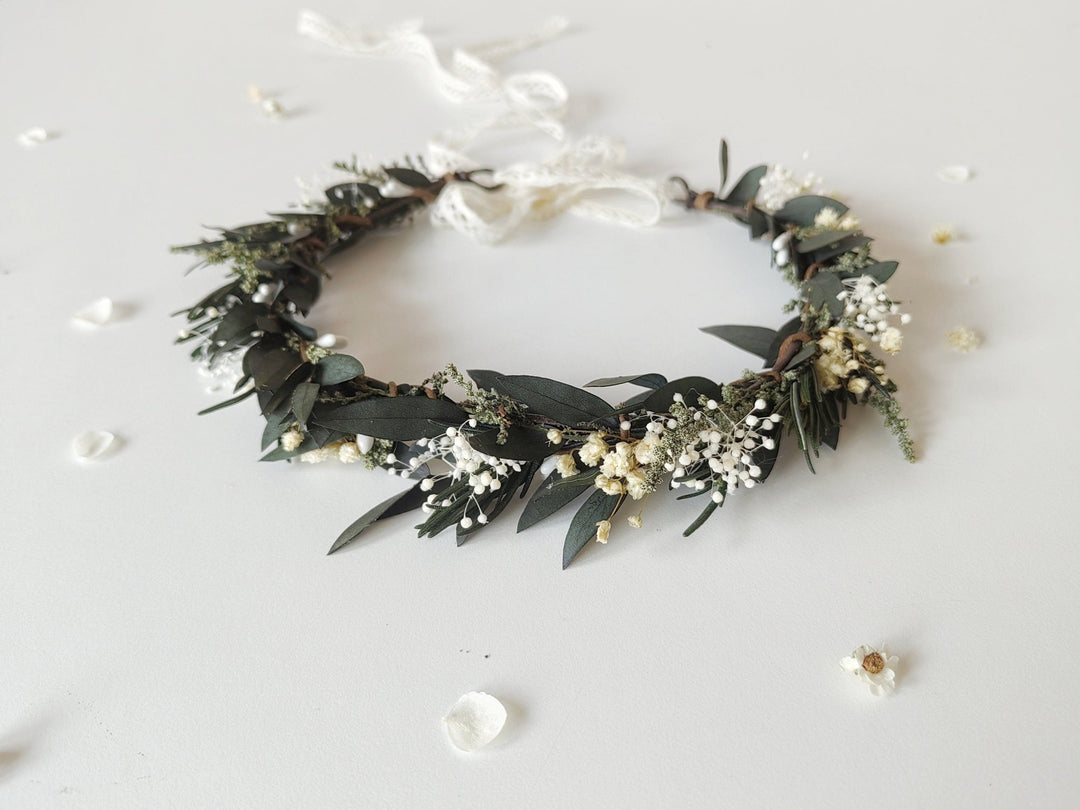Natural Greenery Wedding Crown: Baby's Breath, Olive Leaf, Rosemary – handmade floral hair accessory by magaela