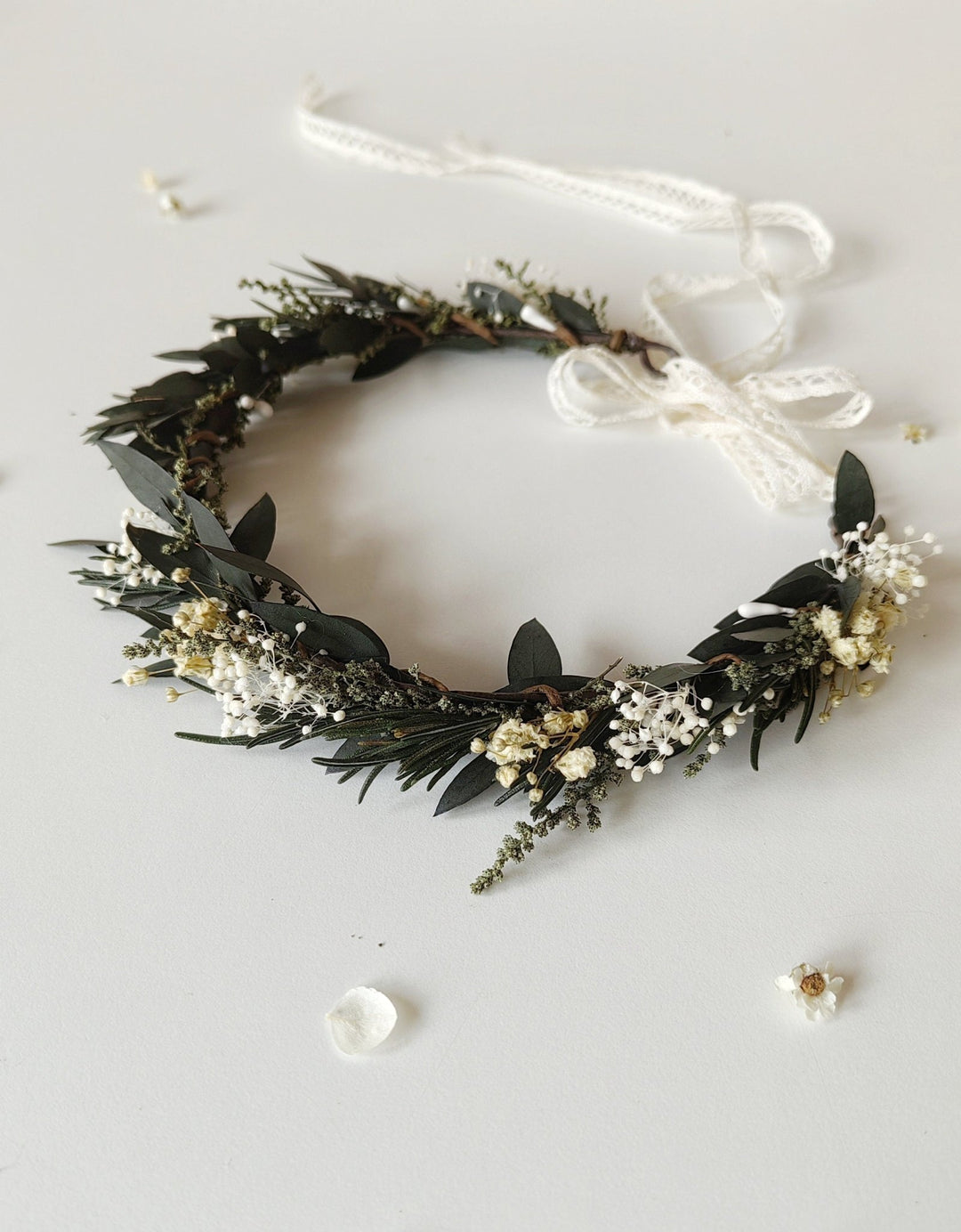 Natural Greenery Wedding Crown: Baby's Breath, Olive Leaf, Rosemary – handmade floral hair accessory by magaela