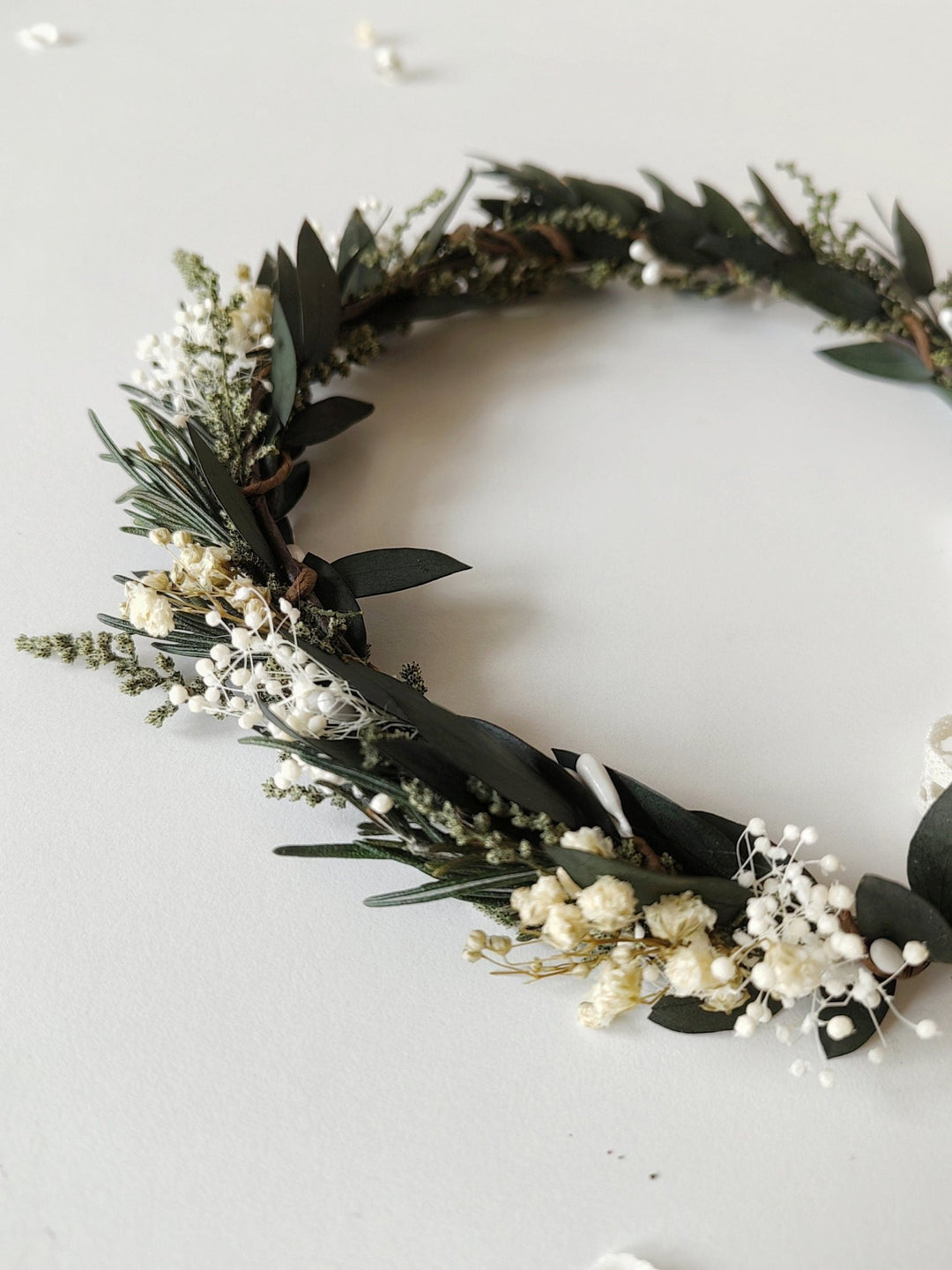 Natural Greenery Wedding Crown: Baby's Breath, Olive Leaf, Rosemary – handmade floral hair accessory by magaela
