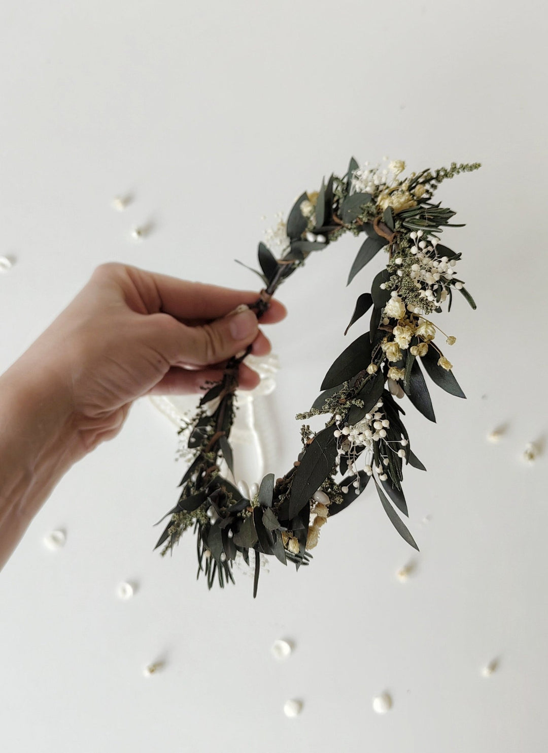 Natural Greenery Wedding Crown: Baby's Breath, Olive Leaf, Rosemary – handmade floral hair accessory by magaela