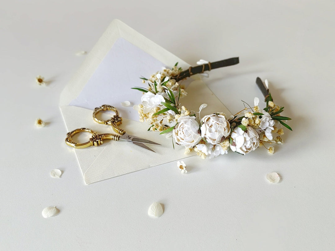 First Holy Communion Flower Headband: White Peonies, Floral Girl Accessory – handmade floral hair accessory by magaela