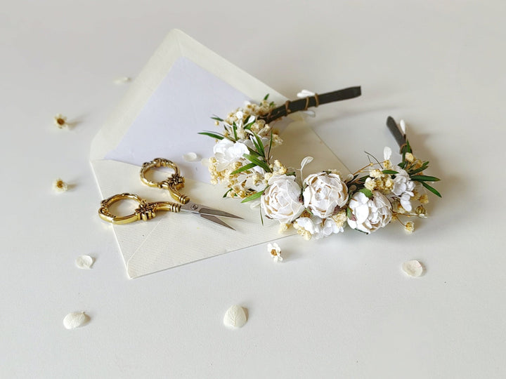 First Holy Communion Flower Headband: White Peonies, Floral Girl Accessory – handmade floral hair accessory by magaela