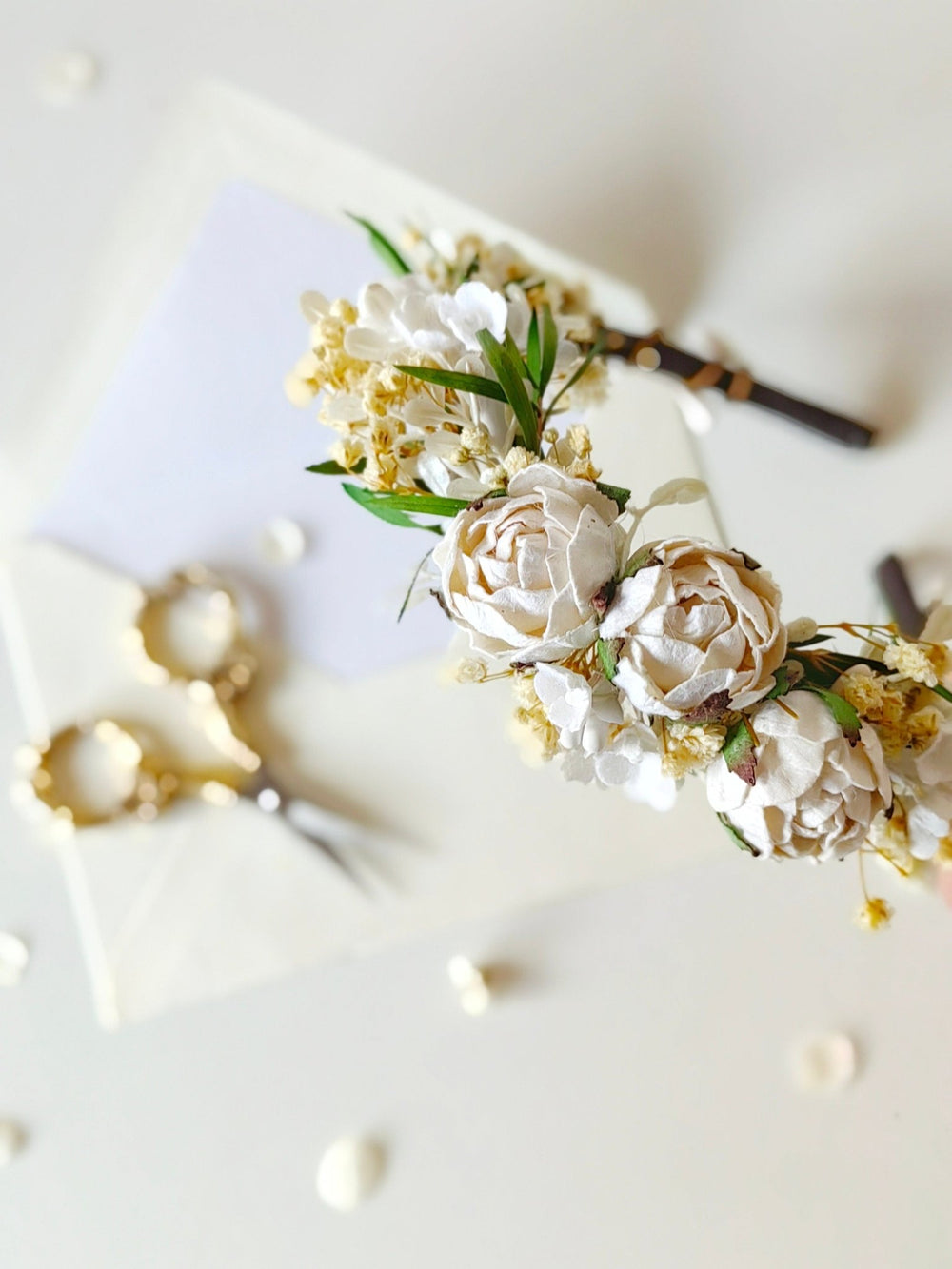 First Holy Communion Flower Headband: White Peonies, Floral Girl Accessory – handmade floral hair accessory by magaela