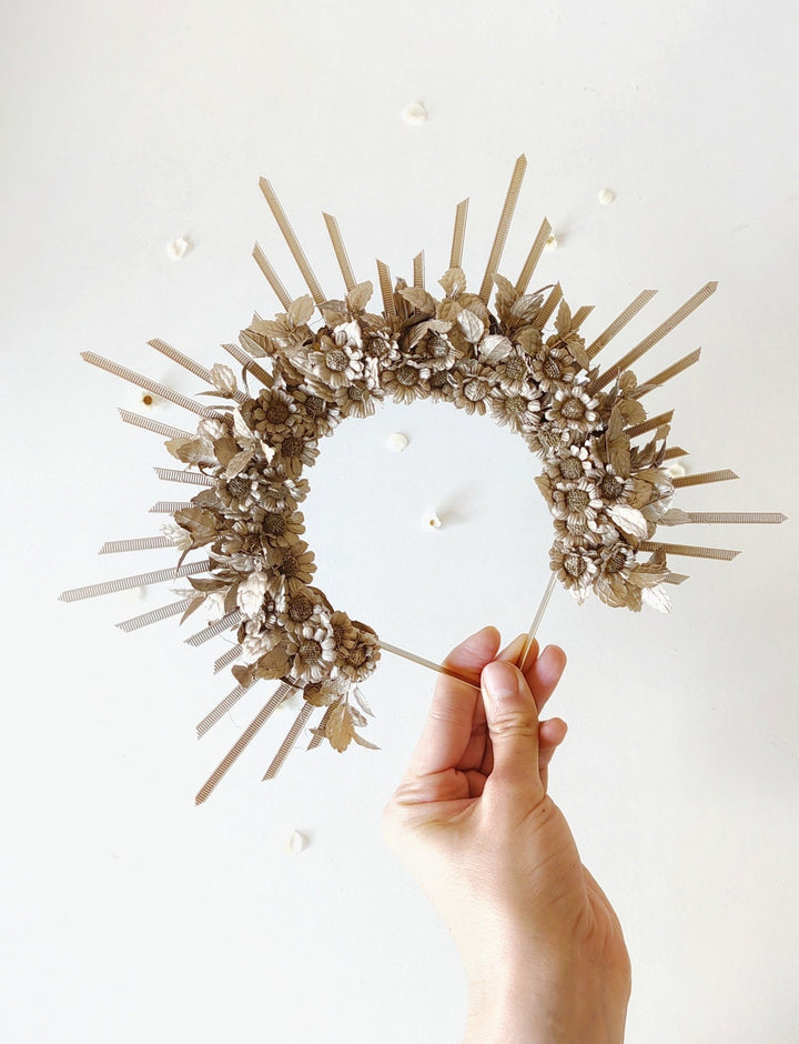 Rose Gold Spiked Bridal Halo Crown: Wedding Festival Headband – handmade floral hair accessory by magaela