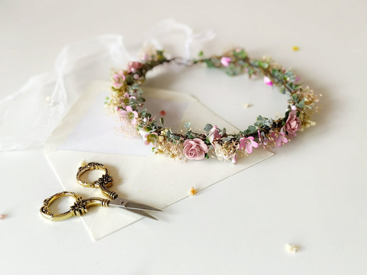 Pink Flower Hair Crown: Romantic Bridal Headpiece, Boho Wedding – handmade floral hair accessory by magaela