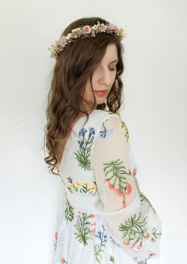 Pink Flower Hair Crown: Romantic Bridal Headpiece, Boho Wedding – handmade floral hair accessory by magaela