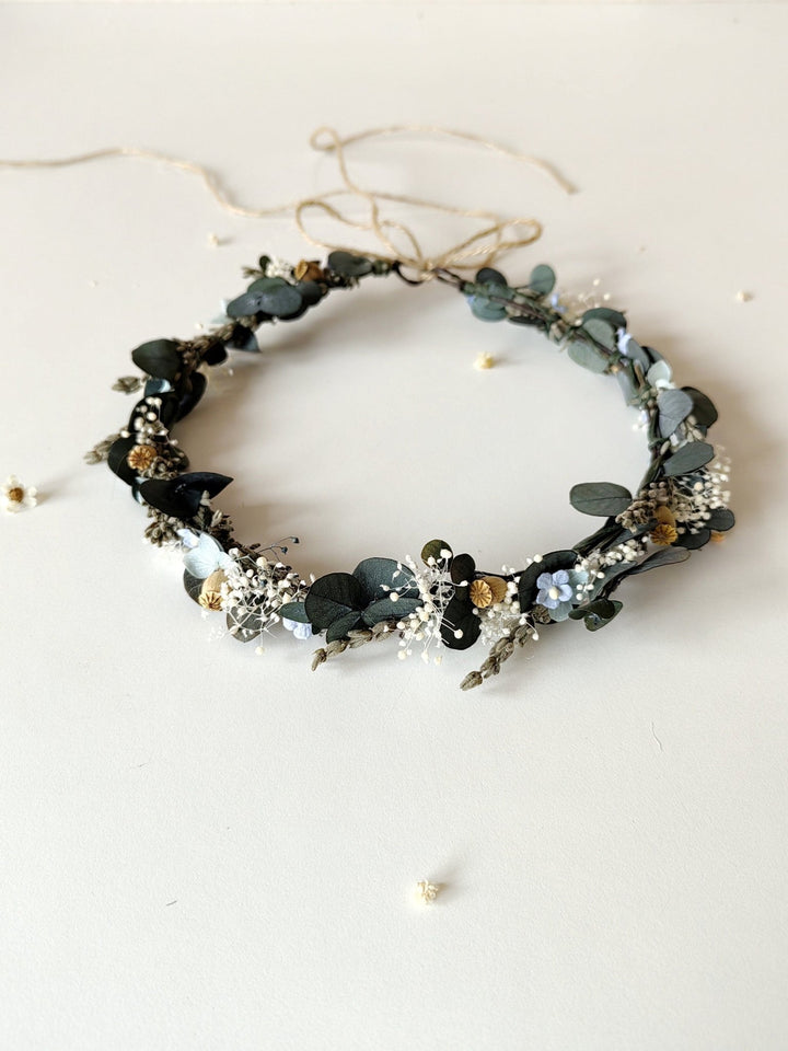 Eucalyptus Flower Hair Wreath: Green Blue Cream Bridal Crown – handmade floral hair accessory by magaela