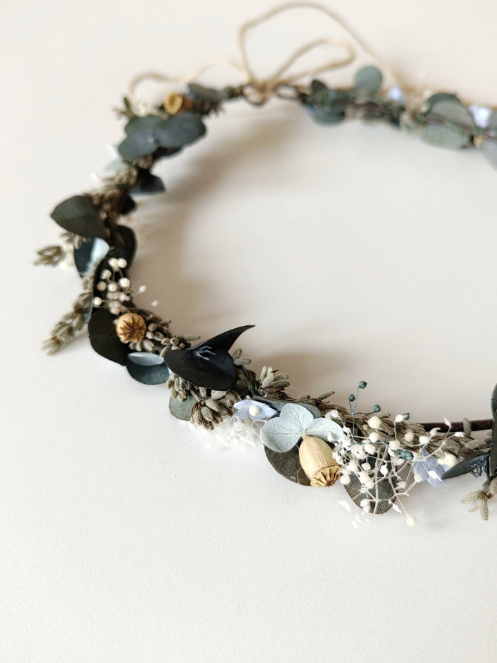 Eucalyptus Flower Hair Wreath: Green Blue Cream Bridal Crown – handmade floral hair accessory by magaela