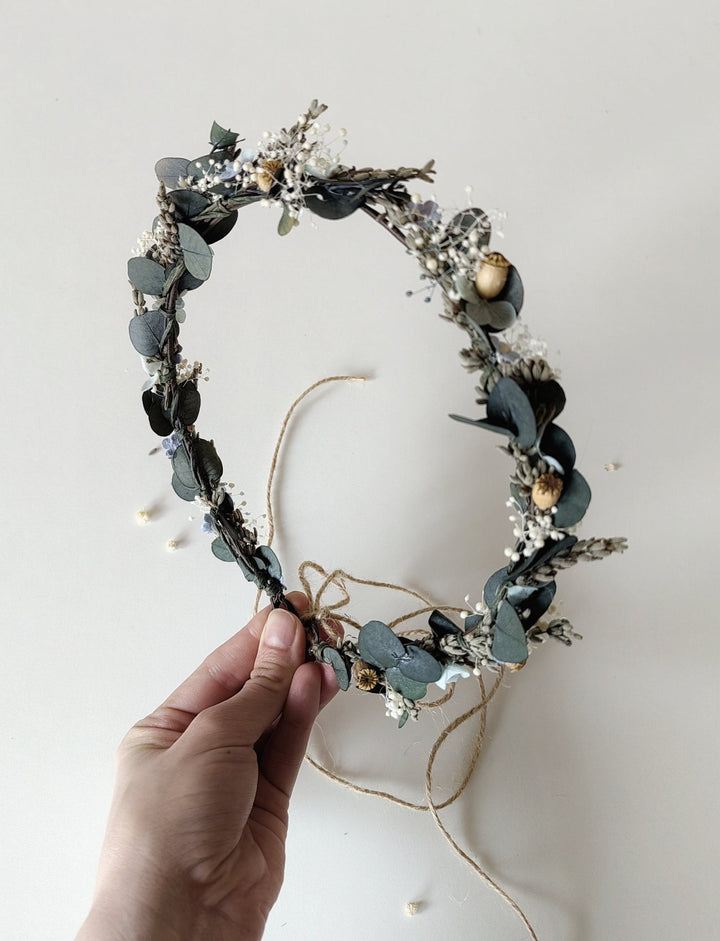 Eucalyptus Flower Hair Wreath: Green Blue Cream Bridal Crown – handmade floral hair accessory by magaela
