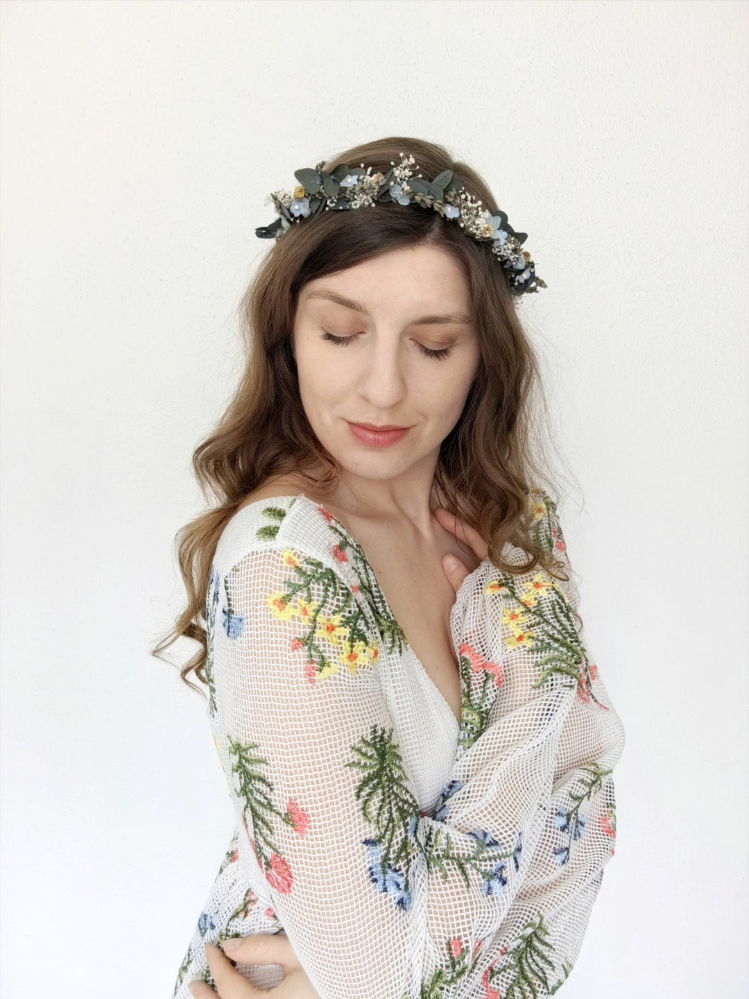 Eucalyptus Flower Hair Wreath: Green Blue Cream Bridal Crown – handmade floral hair accessory by magaela