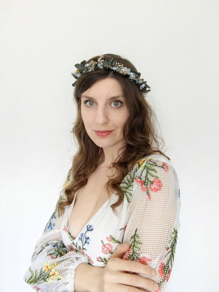 Eucalyptus Flower Hair Wreath: Green Blue Cream Bridal Crown – handmade floral hair accessory by magaela