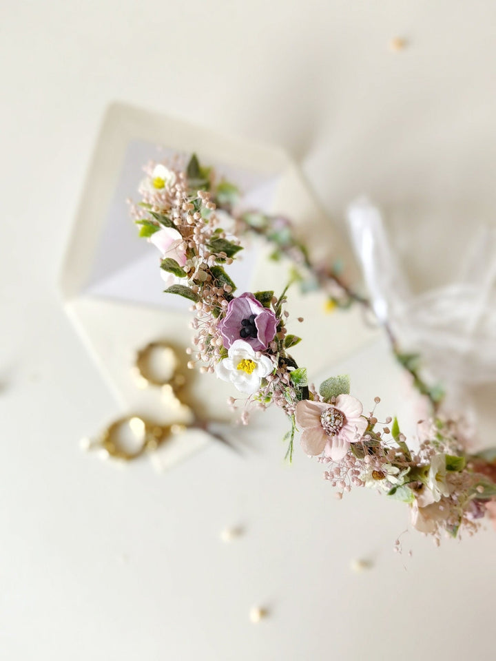 Pastel Flower Hair Crown: Romantic Bridal Headpiece – handmade floral hair accessory by magaela