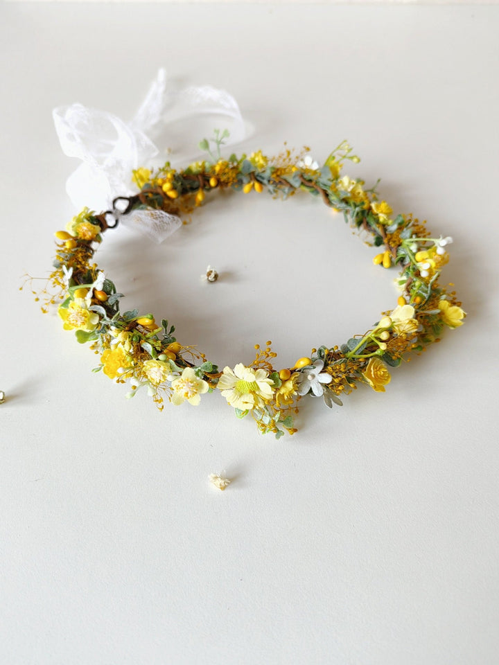 Yellow Daisy Floral Crown: Romantic Bridal Hair Wreath – handmade floral hair accessory by magaela