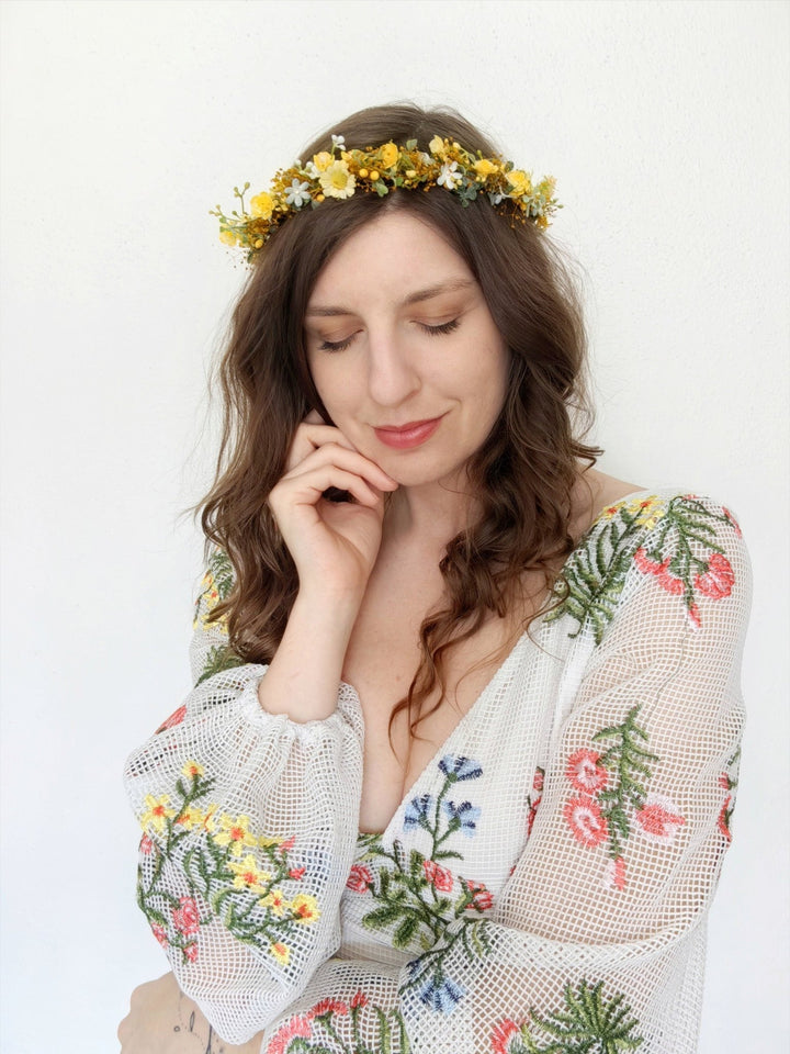 Yellow Daisy Floral Crown: Romantic Bridal Hair Wreath – handmade floral hair accessory by magaela
