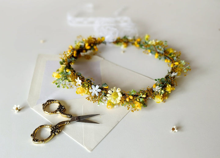 Yellow Daisy Floral Crown: Romantic Bridal Hair Wreath – handmade floral hair accessory by magaela