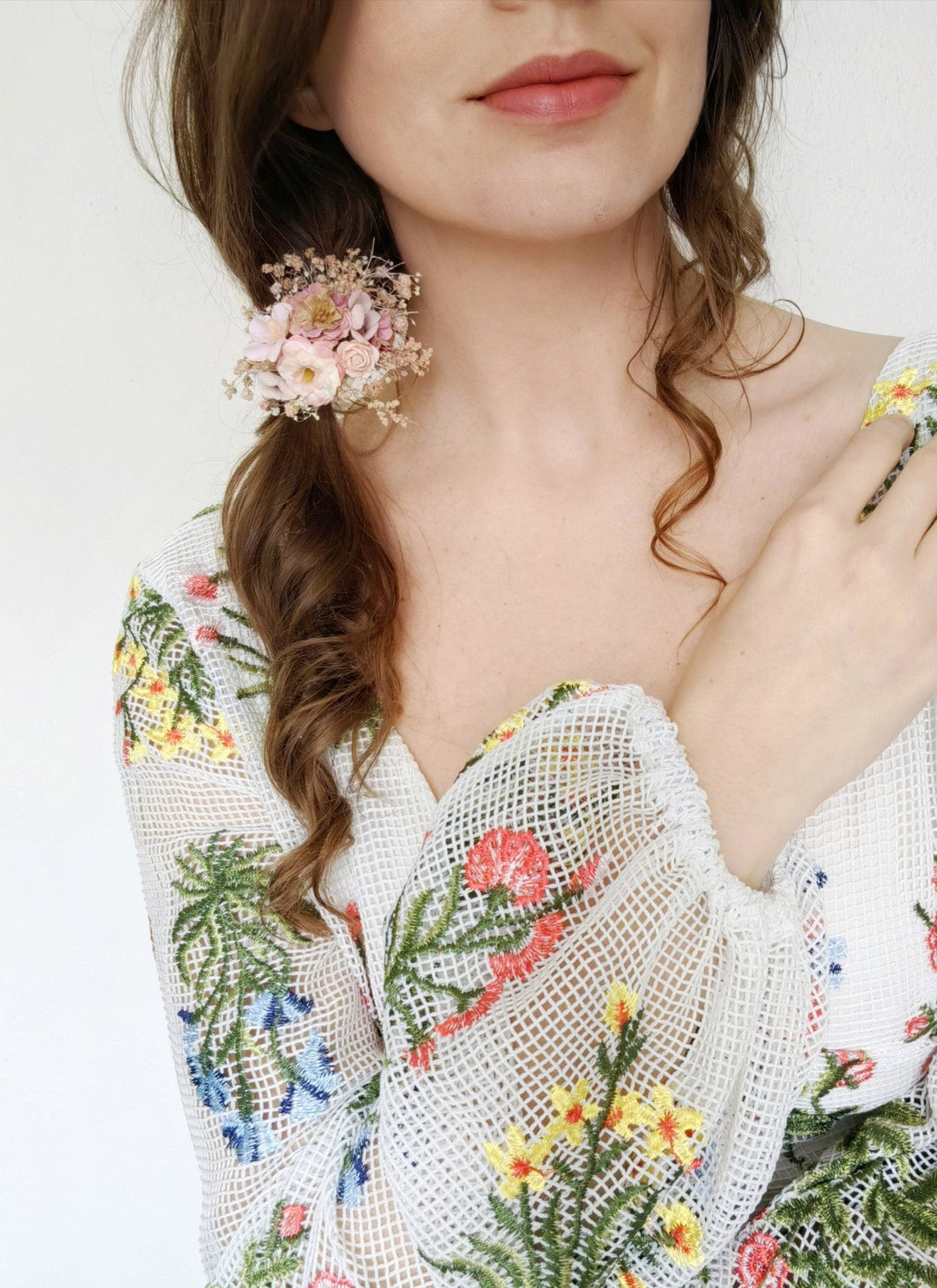 Pale Pink Flower Hair Tie: Romantic Wedding Hair Accessory – handmade floral hair accessory by magaela