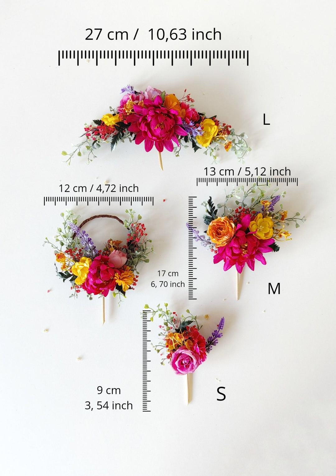 Magenta Boho Flower Cake Toppers: Summer Wedding Decoration, Set of 4 – handmade floral hair accessory by magaela