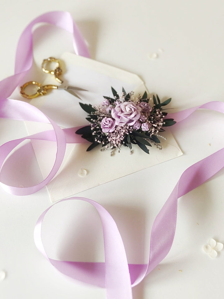 Purple Rose Bridal Belt: Floral Eucalyptus Wedding Dress Sash – handmade floral hair accessory by magaela