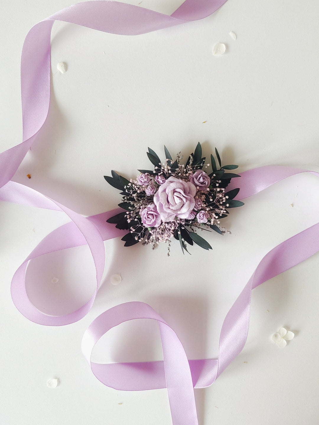 Purple Rose Bridal Belt: Floral Eucalyptus Wedding Dress Sash – handmade floral hair accessory by magaela