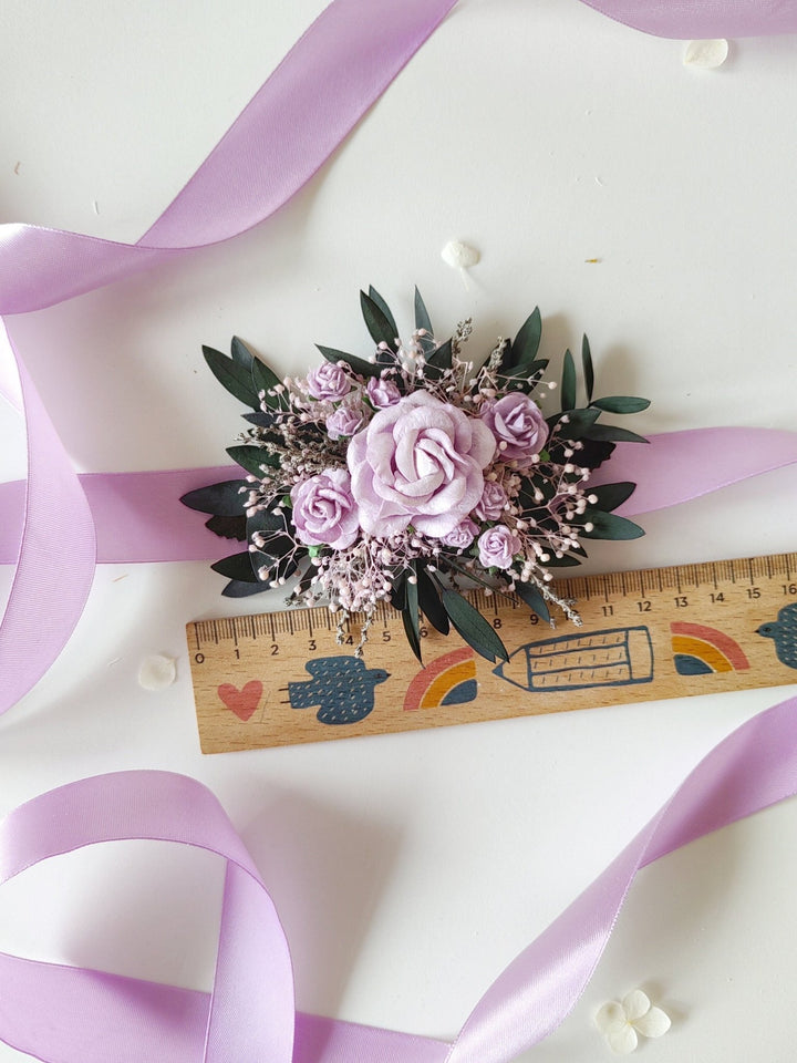 Purple Rose Bridal Belt: Floral Eucalyptus Wedding Dress Sash – handmade floral hair accessory by magaela