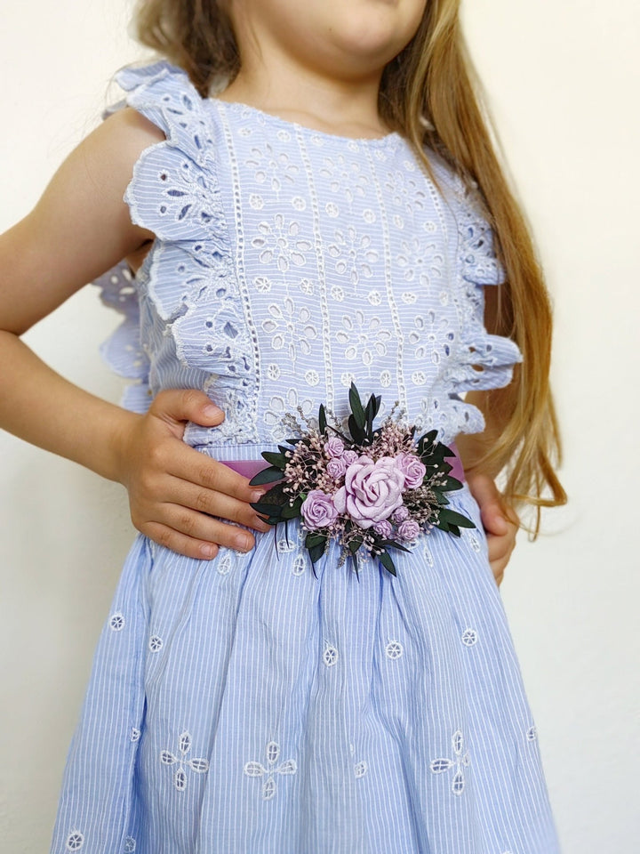 Purple Rose Bridal Belt: Floral Eucalyptus Wedding Dress Sash – handmade floral hair accessory by magaela