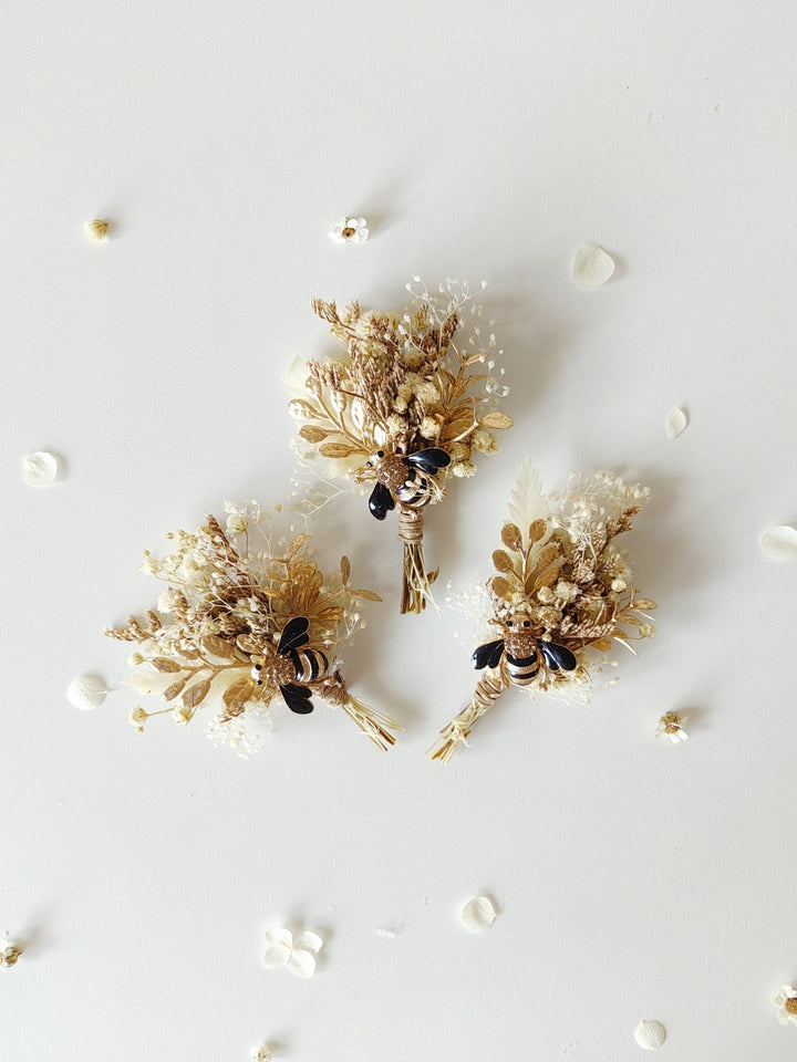 Rustic Bee Boutonniere: Gold Leaf Wedding Groom Accessory – handmade floral hair accessory by magaela