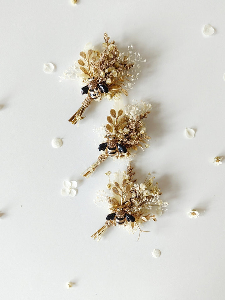 Rustic Bee Boutonniere: Gold Leaf Wedding Groom Accessory – handmade floral hair accessory by magaela