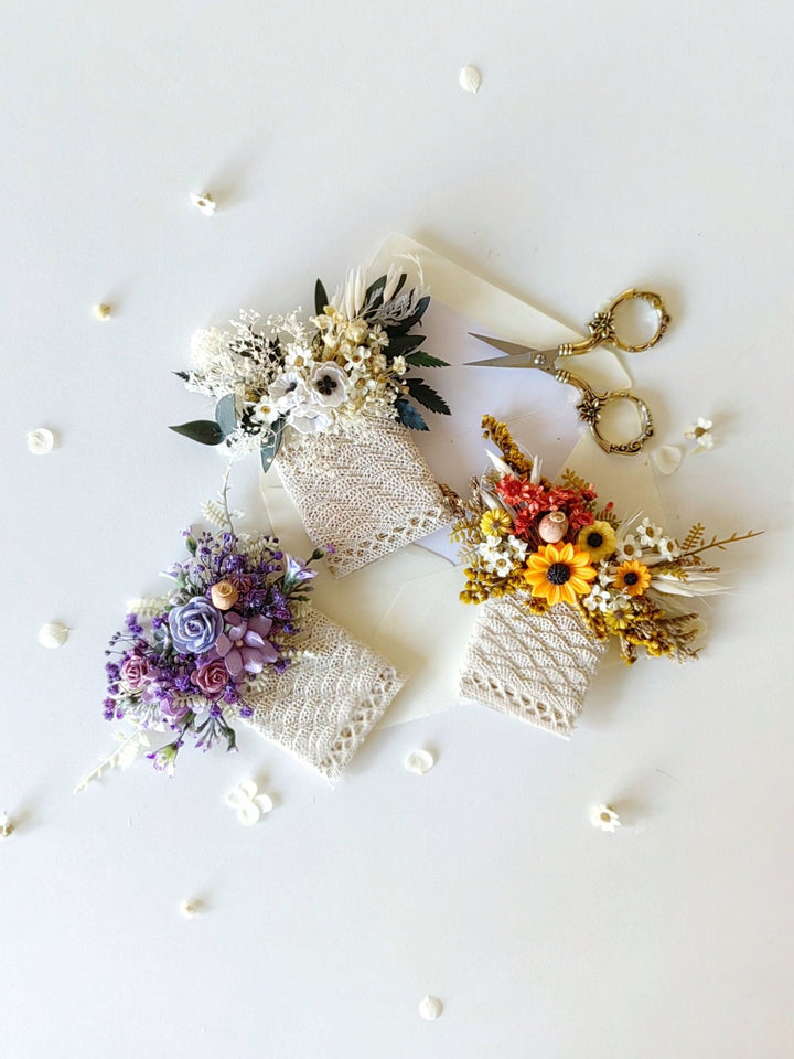 Sunflower Wedding Boutonniere: Anemone & Purple Flowers, Groom Corsage – handmade floral hair accessory by magaela