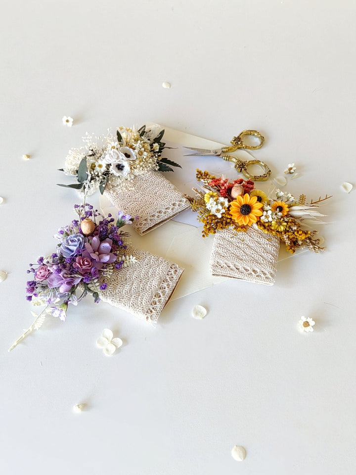 Sunflower Wedding Boutonniere: Anemone & Purple Flowers, Groom Corsage – handmade floral hair accessory by magaela