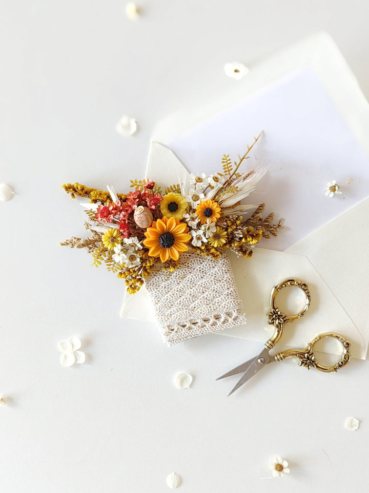 Sunflower Wedding Boutonniere: Anemone & Purple Flowers, Groom Corsage – handmade floral hair accessory by magaela