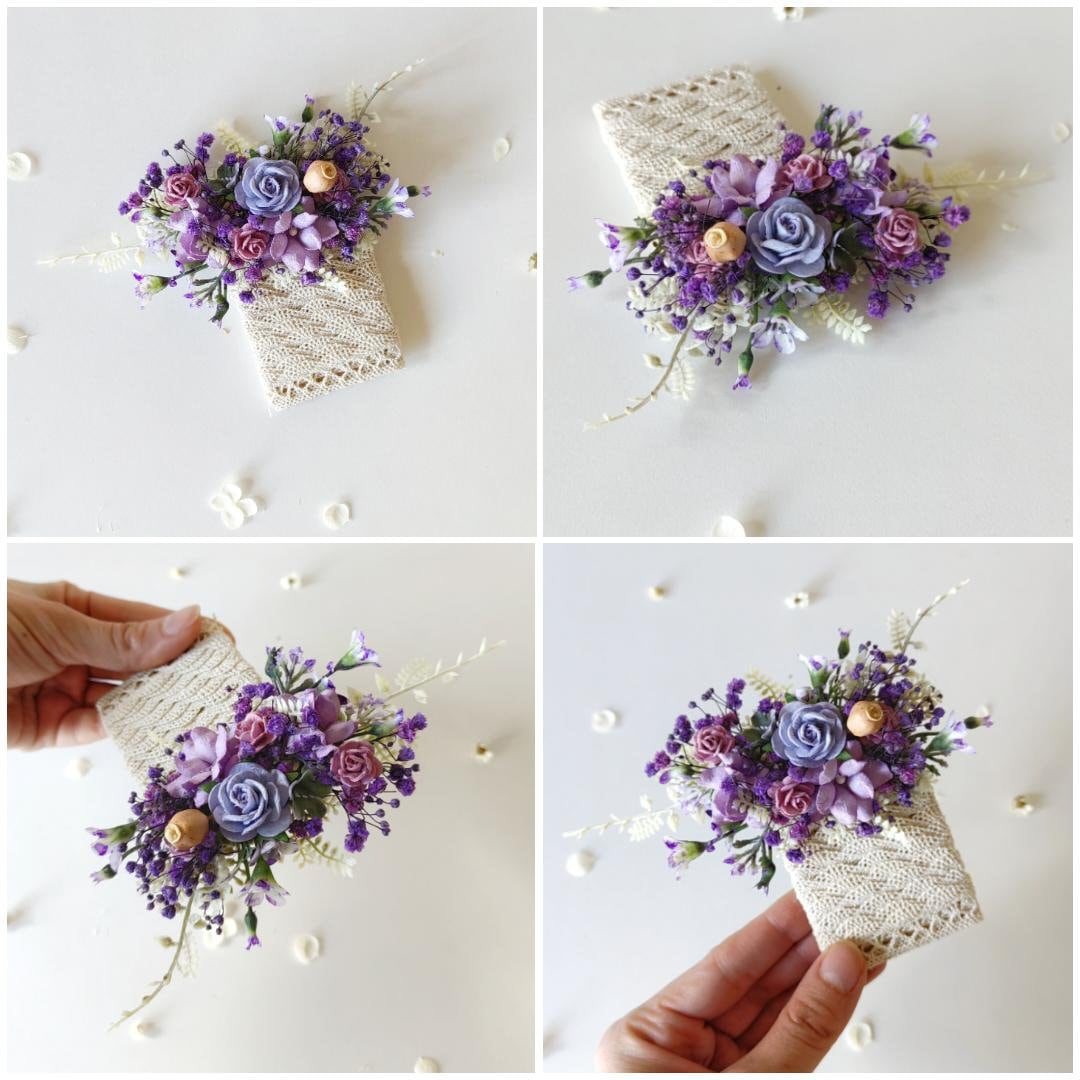 Sunflower Wedding Boutonniere: Anemone & Purple Flowers, Groom Corsage – handmade floral hair accessory by magaela