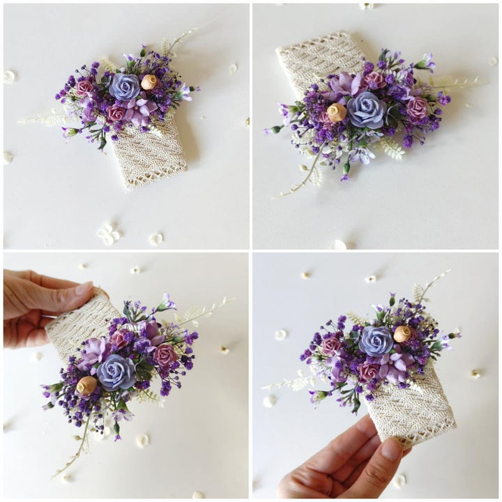 Sunflower Wedding Boutonniere: Anemone & Purple Flowers, Groom Corsage – handmade floral hair accessory by magaela