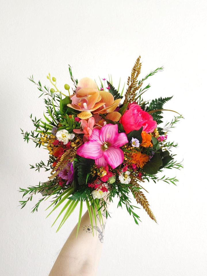 Large Tropical Wedding Bouquet: Orchid & Summer Bridal Flowers – handmade floral hair accessory by magaela