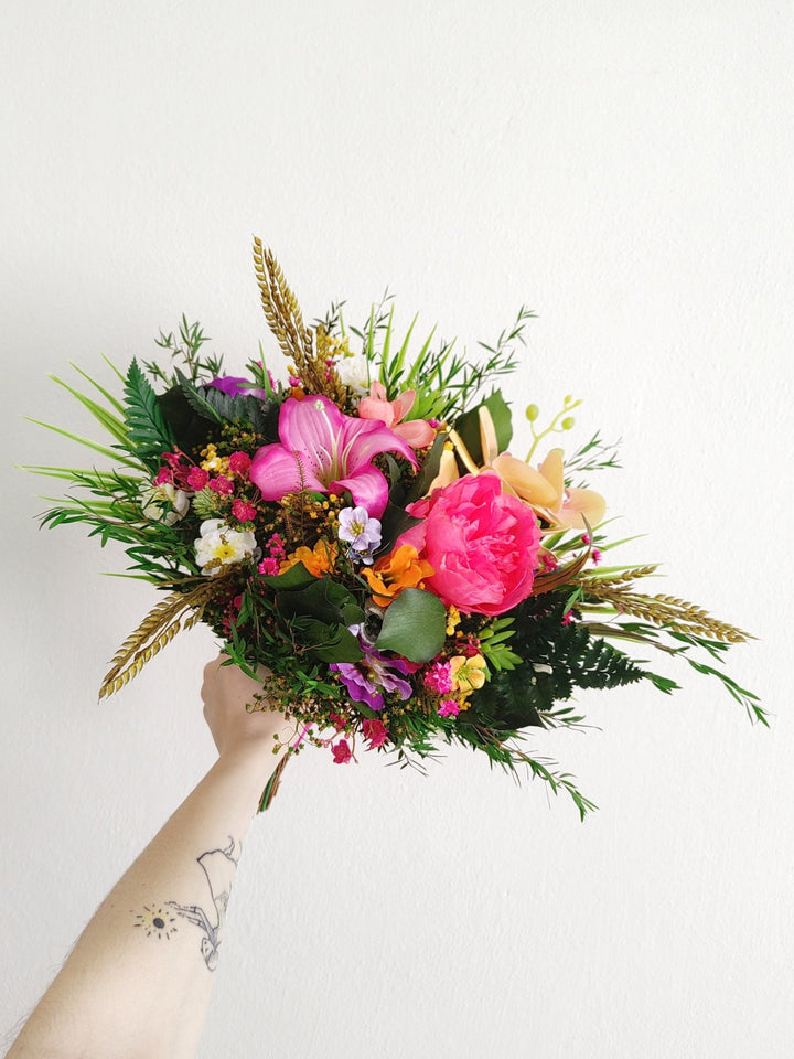 Large Tropical Wedding Bouquet: Orchid & Summer Bridal Flowers – handmade floral hair accessory by magaela
