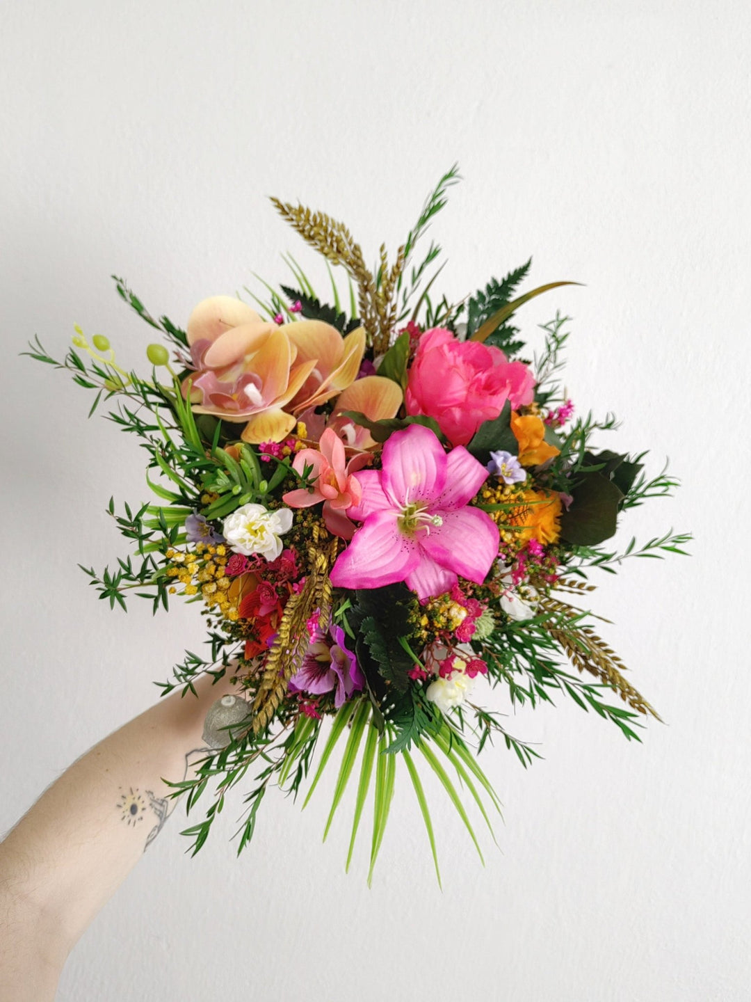 Large Tropical Wedding Bouquet: Orchid & Summer Bridal Flowers – handmade floral hair accessory by magaela