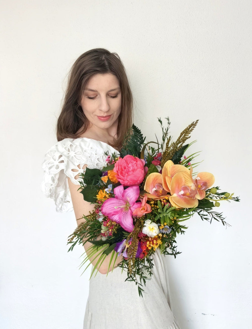 Large Tropical Wedding Bouquet: Orchid & Summer Bridal Flowers – handmade floral hair accessory by magaela