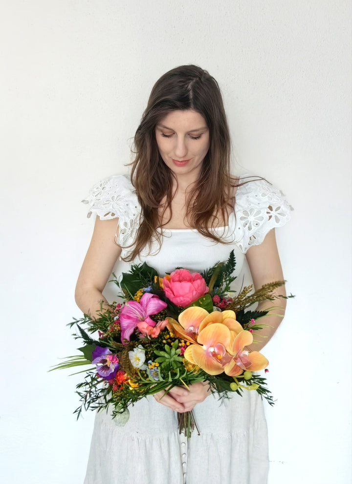 Large Tropical Wedding Bouquet: Orchid & Summer Bridal Flowers – handmade floral hair accessory by magaela